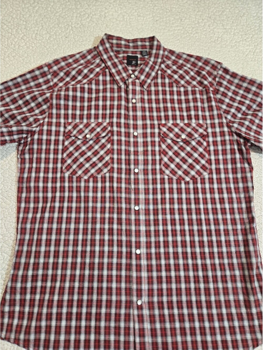 J Ferrar Mens Modern Fit Short Sleeve Pearl Snap Button Red Plaid Western